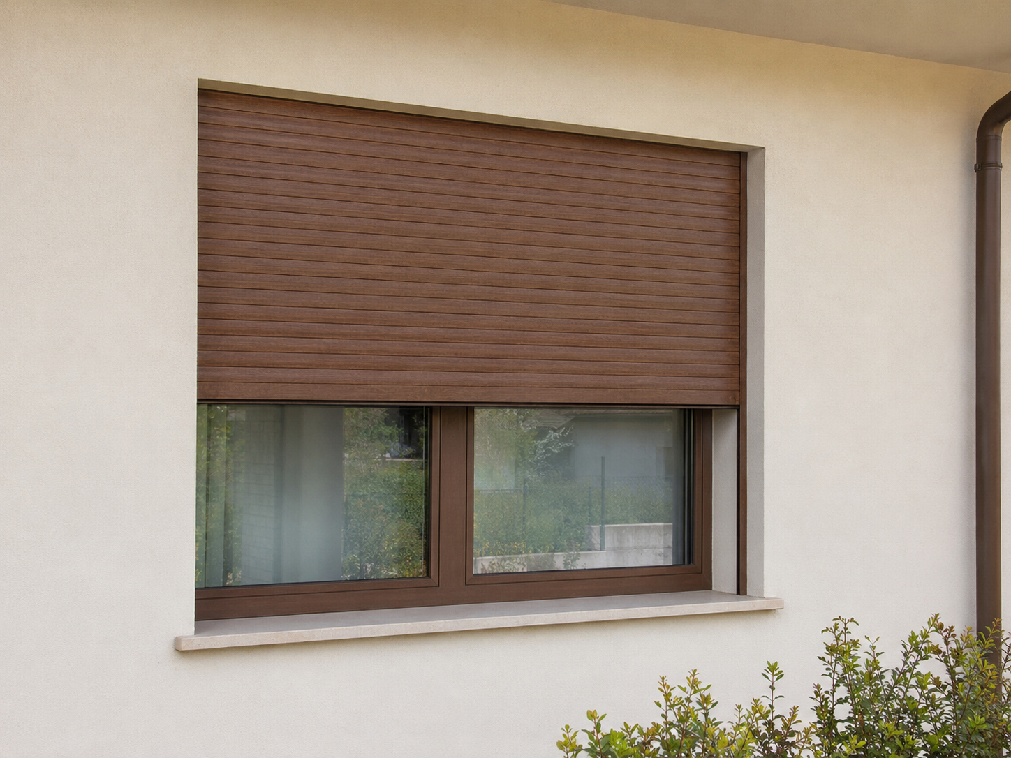 Avvolgibile in alluminio effetto legno noce scuro coordinato a una finestra marrone su una facciata beige