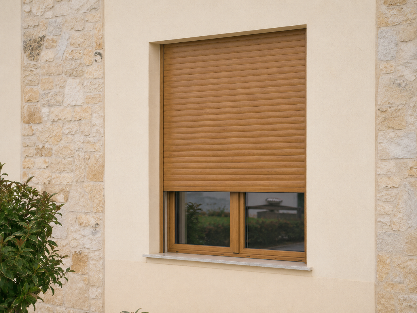Avvolgibile in alluminio effetto legno rovere dorato su una finestra di una facciata beige con rivestimento in pietra