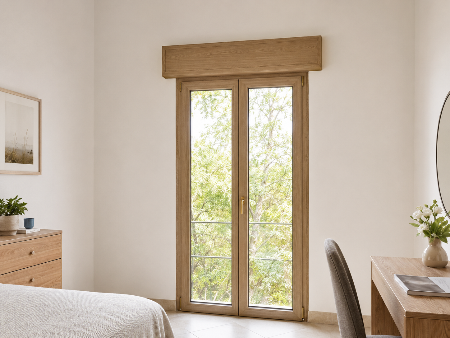 Cassonetto in PVC effetto legno rovere naturale sopra una portafinestra in una camera da letto