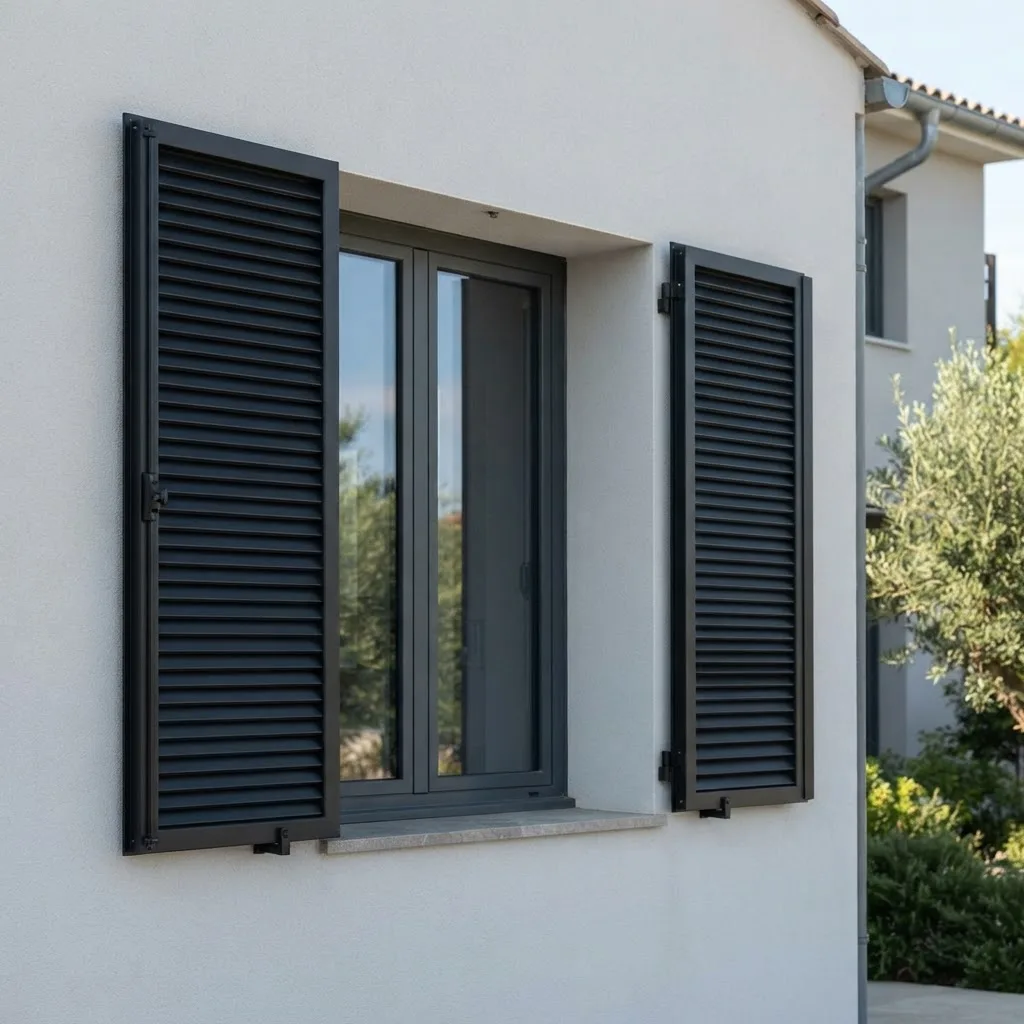 Persiana esterna in alluminio nero opaco a lamelle montata su una finestra di casa moderna