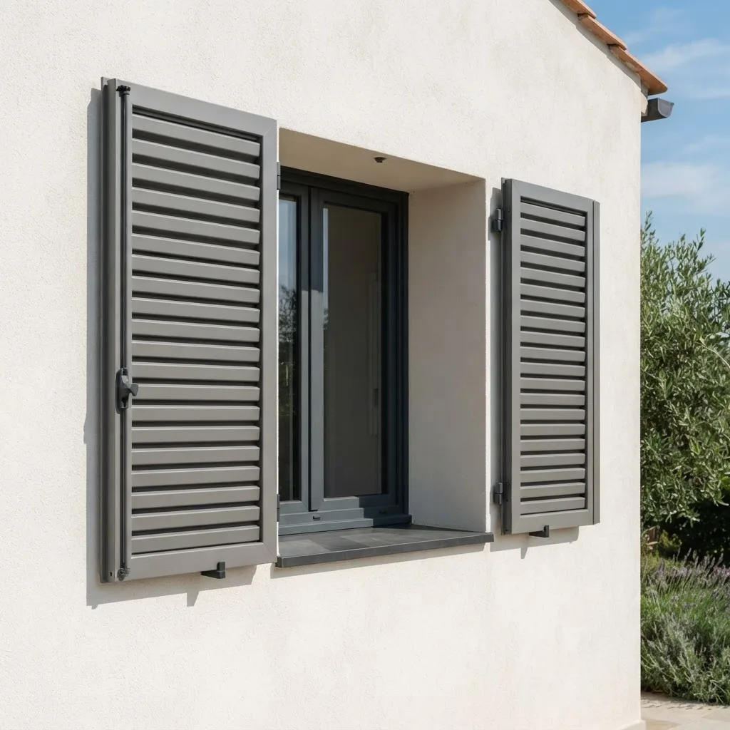Persiana esterna in alluminio grigio a lamelle senza maniglie montata su una finestra di villa moderna