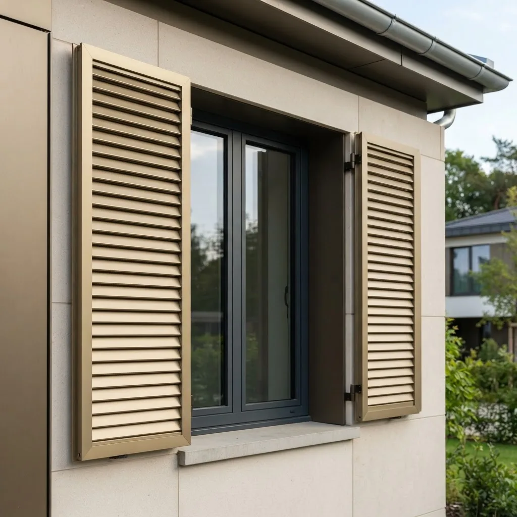 Persiana esterna in alluminio oro-bronzo satinato a lamelle senza maniglie montata su una finestra di casa moderna