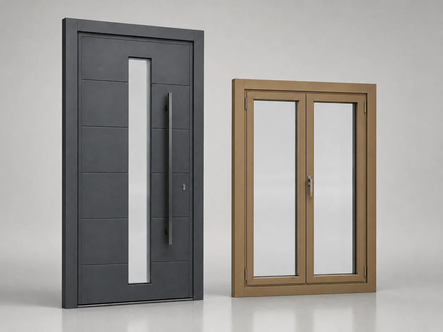 Porta moderna e finestra coordinata affiancate su sfondo chiaro